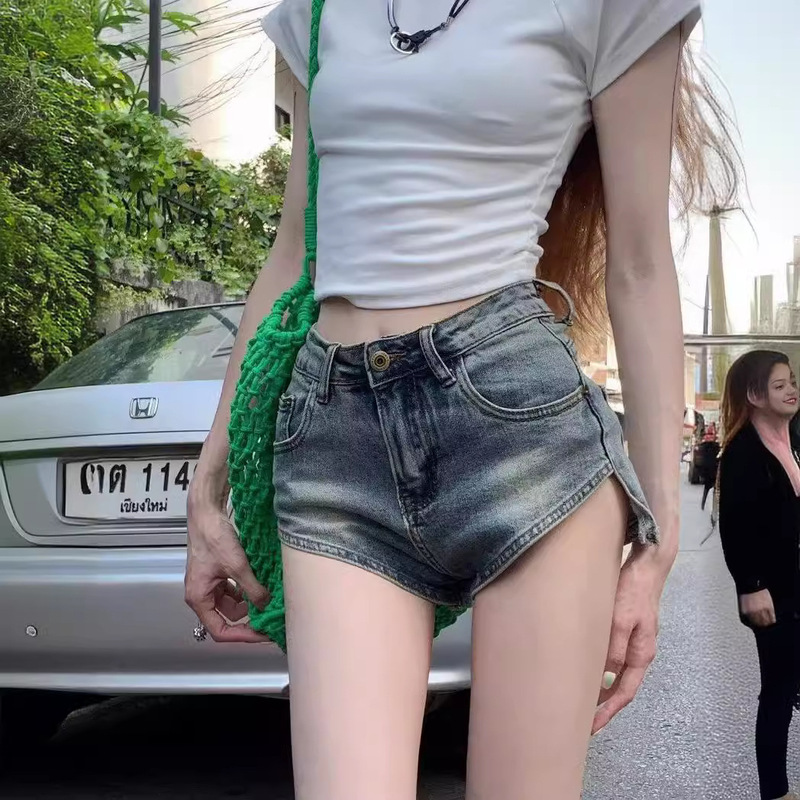 Trendy Irregular Vintage Denim Shorts for Women, Summer High-Waisted Stretchy Split Pants, Petite A-Line Shorts, Hot Pants