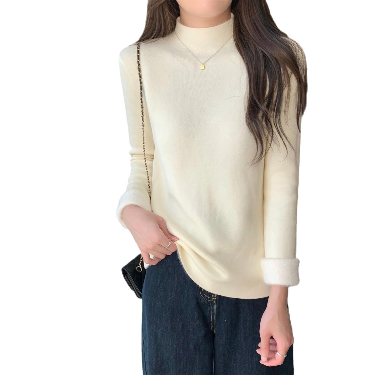 카키 하프 터틀넥 니트 스웨터 여성 원피스 벨벳 2024 년 가을과 겨울 새로운 스타일 탑 기모 여성용 두꺼운 베이스 셔츠