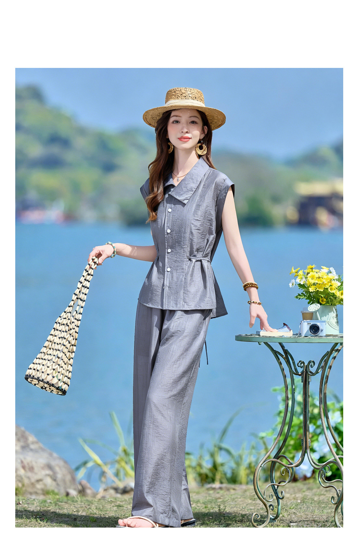 Bộ hai mảnh sơ mi phối quần ống rộng phong cách Pháp cổ điển, thiết kế thanh lịch, tôn dáng — Xanh lông mòng đen, màu xám chi tiết 22