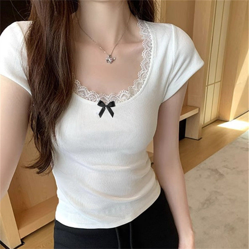 Pure Desire Lace Bow Collar Collarbone Hot Girl Short Sleeve Right Shoulder Whitening Shirt Women's Summer Slim Short Top