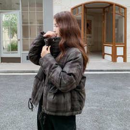复古撞色格纹短款立领羽绒服女2025冬小个子保暖90白鸭绒加厚外套