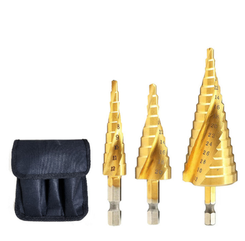 Alta VELOCIDAD DE ACERO pagoda taladro recto ranura mango hexagonal titanio-plateado paso taladro escariado agujero abridor bolsa de tela traje paso Taladro