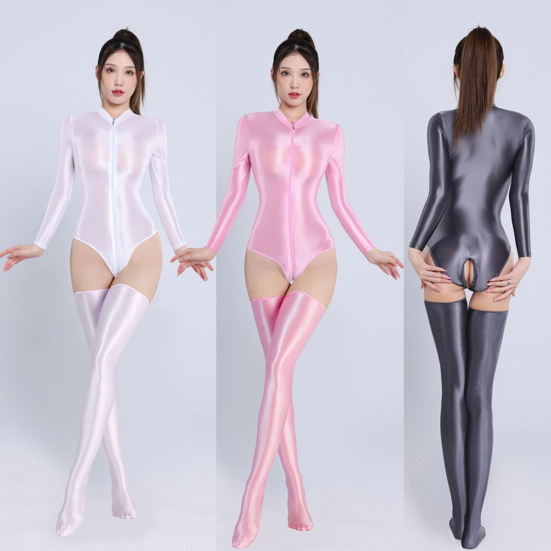 Sexy erotic lingerie, shiny, silky smooth, with a double-headed zipper, over-the-crotch, long-sleeved bodysuit Sexy erotic lingerie, shiny, silky smooth, with a double-headed zipper, over-the-crotch, long-sleeved bodysuit