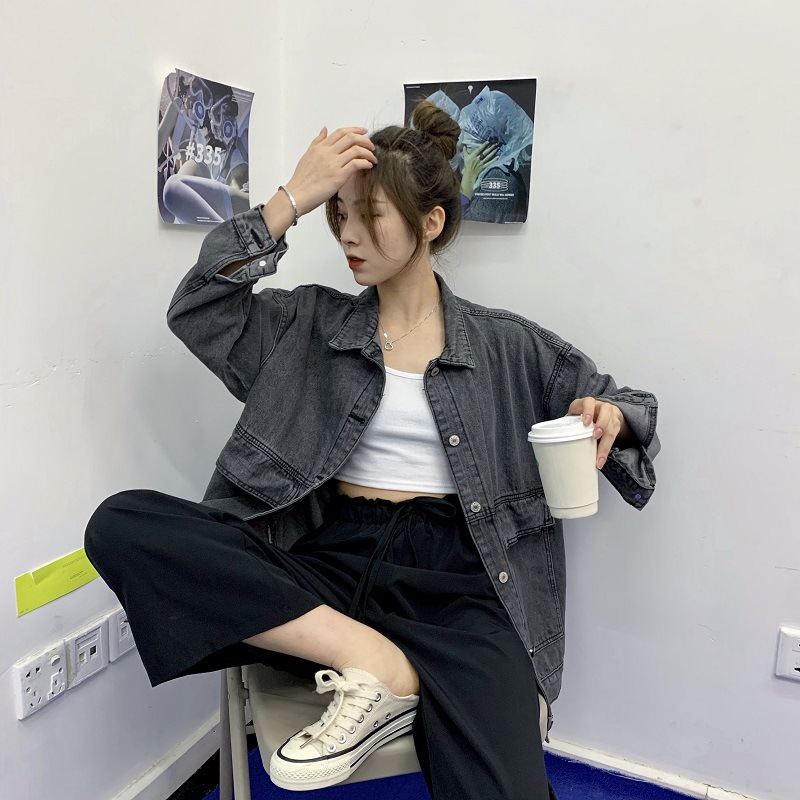 840g Weight Denim Jacket Outerwear Type Long Sleeve Sleeve Length Single Breasted Placket Type Shirtsleeve Sleeve Type Denim Fabric Type Regular Top Length Coat Tops Type Daily Occasion Turndown Neckline Loose Fit Type Solid Color Pattern Spring, Autumn Season Women's Gender Pocket Design Simple Style Style Women's Simple Style Solid Color Pocket Single Breasted Coat Denim Jacket
