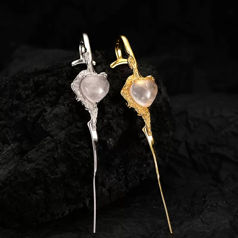 E1252 韩版甜心系列粉晶耳钉女高级感S925纯银爱心玛瑙一字挂原创