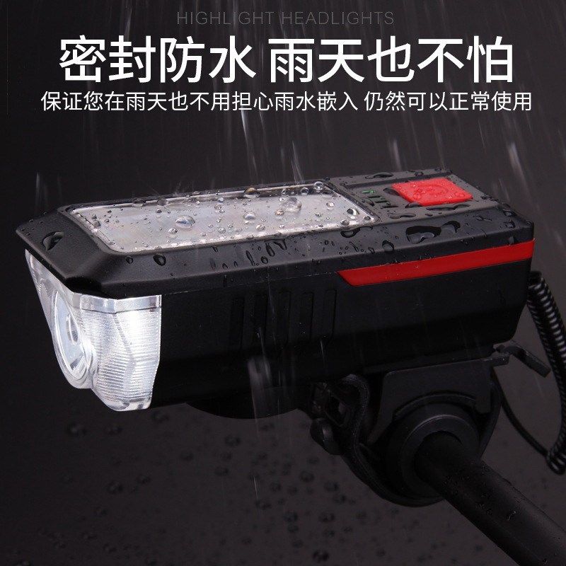 Nuevo fabricante solar bicicleta luz USB recargable cuerno luz noche equitación iluminación bicicleta de montaña faro