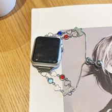 适用iwatch苹果手表8表带双镂空爱心彩虹锆石手链s976543代se腕带