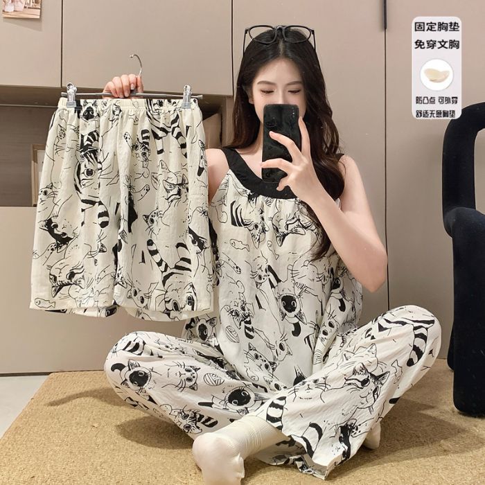 Nuevo pijama de tirantes sin mangas de estilo chino para mujer, algodón de nube delgada de verano, almohadilla para el pecho, ropa para el hogar, traje de tres piezas