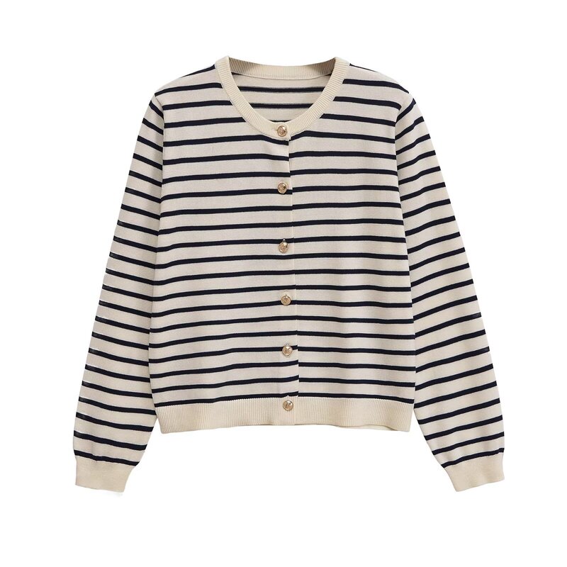 Cross-Border Foreign Trade Women's Clothing 2025 Autumn European and American Style Round Neck Long-Sleeved Contrast Striped Knit Sweater Jacket for Women F79861 Cross-Border Foreign Trade Women's Clothing 2025 Autumn European and American Style Round Neck Long-Sleeved Contrast Striped Knit Sweater Jacket for Women F79861