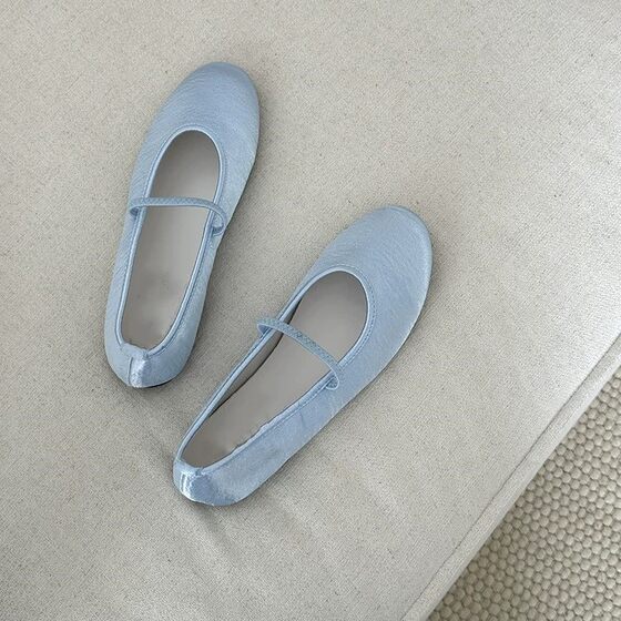 Sheepskin Korean-style Round Toe Satin Mary Jane Shoes Women's silver Ballet Flat Nipple Shoes with Soft Sole