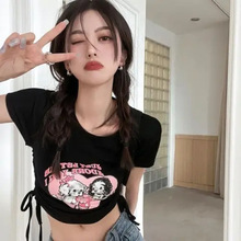 女夏季纯欲韩版ins印花爱心辣妹高腰短款抽绳露脐修身圆领短袖T恤