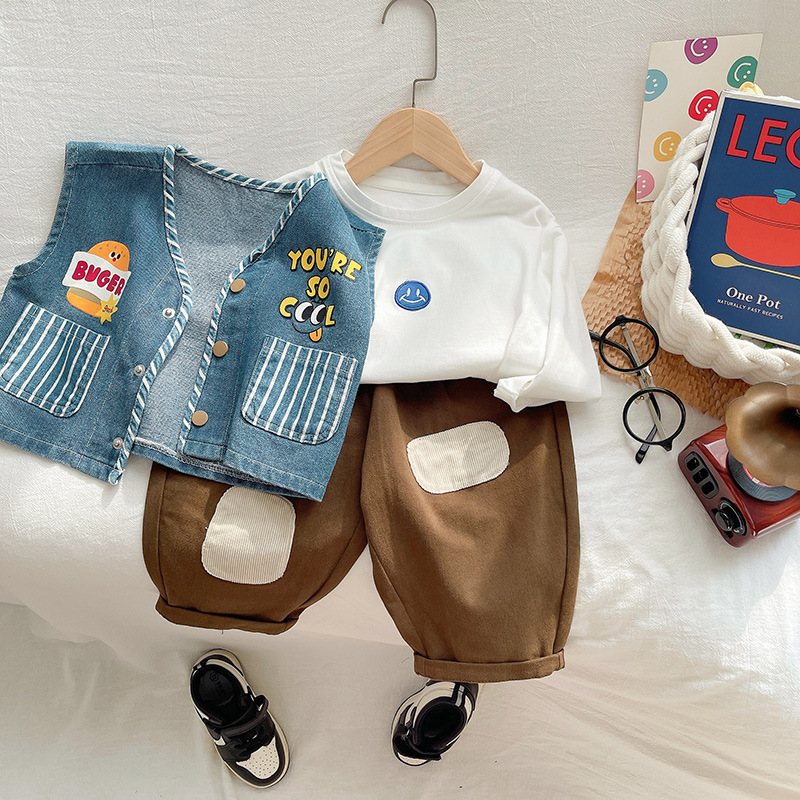 Knock cute ~ set de ropa de otoño para niños hamburguesas impresión chaleco de vaquero chico guapo chaleco de primavera y otoño sin mangas