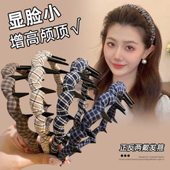 简约格子布艺波浪发箍女法式复古头箍高颅顶蓬松带齿压发发卡头饰