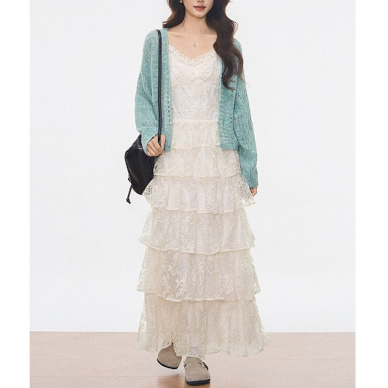 2026 Spring New Mint Green Sweater Cardigan Lace Cake Strap Dress Women's Spring/Summer New Dress 2026 Spring New Mint Green Sweater Cardigan Lace Cake Strap Dress Women's Spring/Summer New Dress
