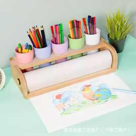 跨境木制儿童桌面画画卷纸架幼儿园涂鸦绘画工具收纳架涂鸦画卷架