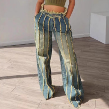 代发亚马逊爆款女装欧美新款时尚拼接多层洗水染色弹力牛仔长裤