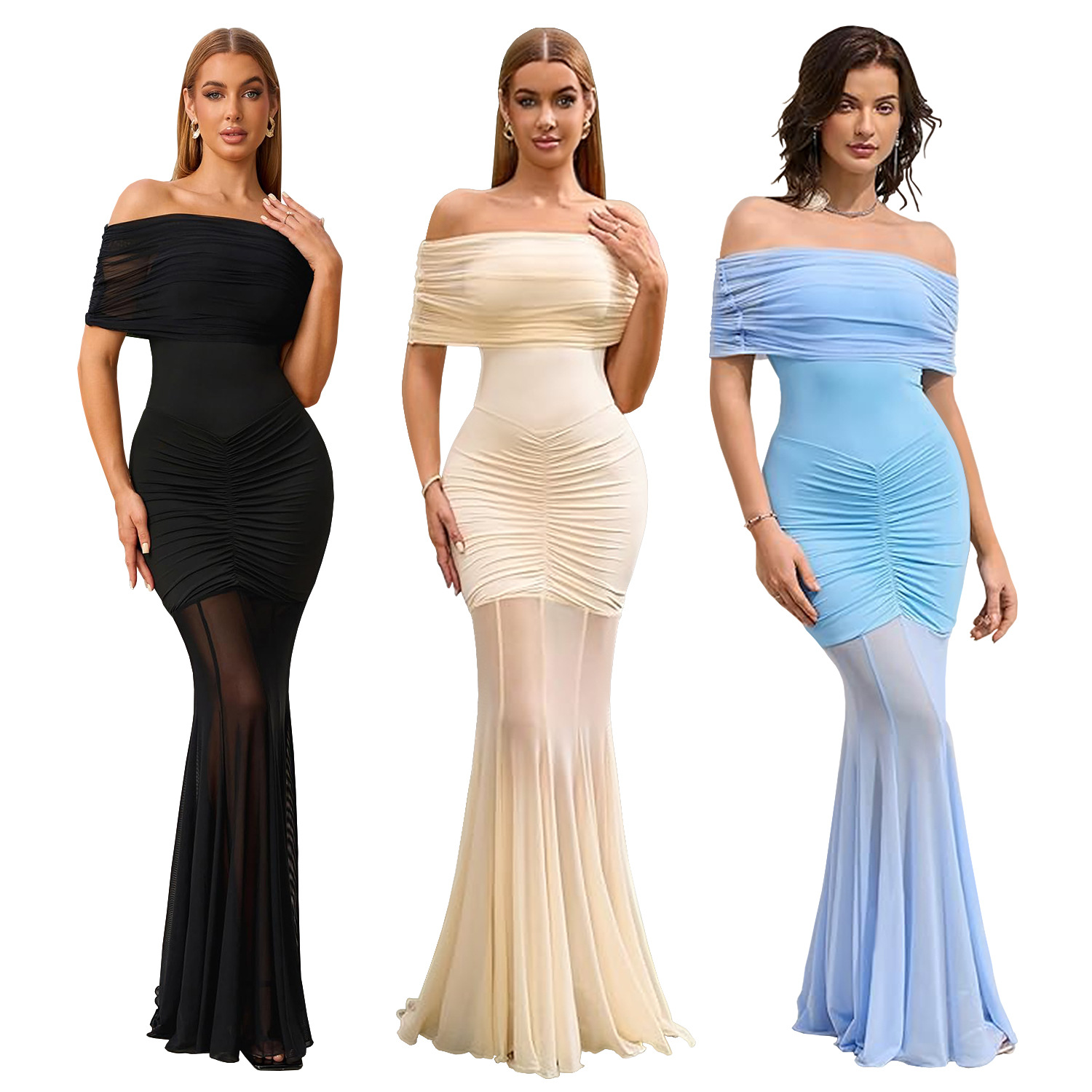 C7507 cross-border AliExpress Amazon Europa y América moda femenina sexy un hombro malla vestido de vacaciones