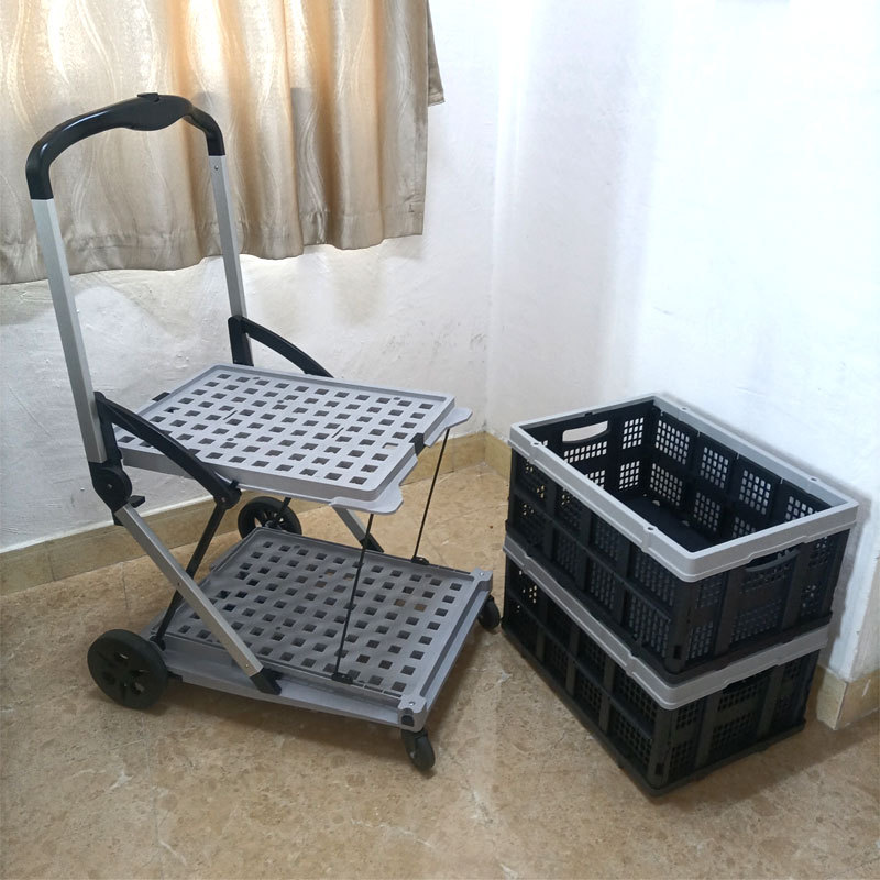 Double-Layer Shopping Cart Portable Folding Trolley with Frame for Grocery Shopping Cart Storage Trolley for Home Use with Large Capacity