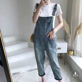 牛仔裤女2026新款韩版网红同款宽松bf港味复古九分背带裤子
