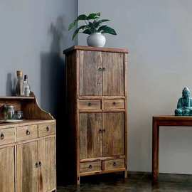 新中式老榆木衣柜家用卧室民宿挂衣橱双开门收纳实木储物柜