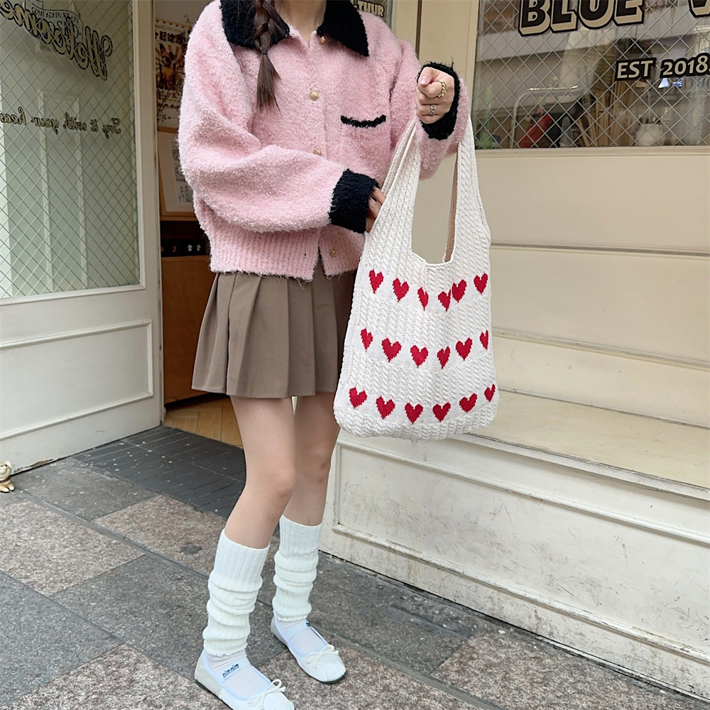 310161 Knitted heart-shaped Wool Bag for Women 2023 Autumn/Winter new single-shoulder handbag, portable tote bag for shopping undefined