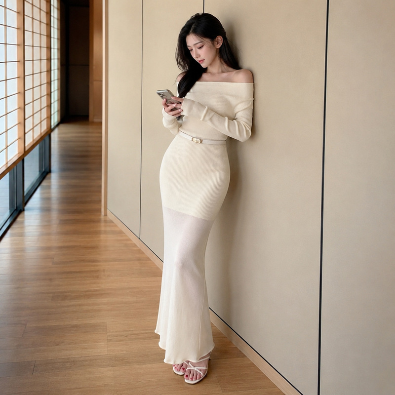 French-style white off-shoulder knitted dress, long-sleeved, thin, bodycon, patchwork, off-shoulder, slim-fit, waist-cinching, long dress for early autumn French-style white off-shoulder knitted dress, long-sleeved, thin, bodycon, patchwork, off-shoulder, slim-fit, waist-cinching, long dress for early autumn