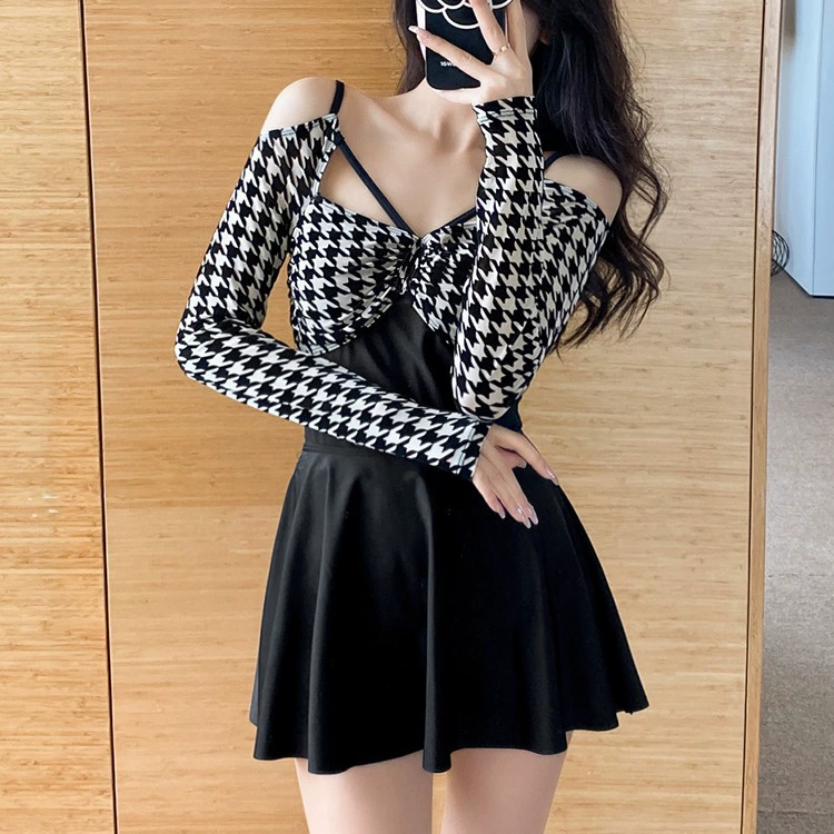 Купальник Женский, цельный комплект из двух частей в стиле юбки, консервативное покрытие живота, похудение, сексуальная красивая спина, супер фея с длинными рукавами, маленькая грудь, горячая весна