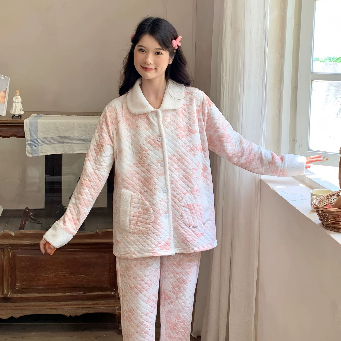 [6268] Воздушно-хлопчатобумажная одежда для беременных кормящих пижамы осеннее и зимнее кормление