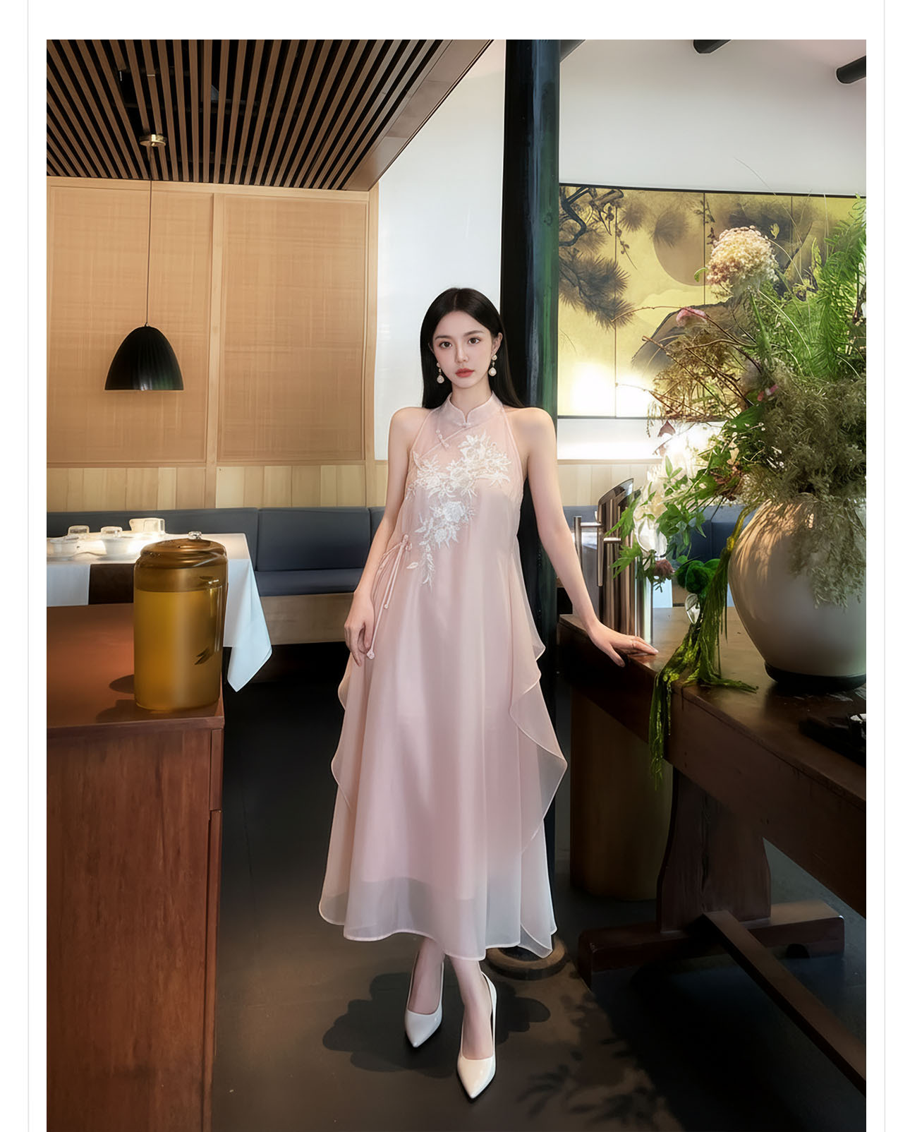 Đầm maxi thêu hoa phong cách Trung Hoa cổ điển, chất vải mỏng nhẹ mùa hè, tay lỡ, thắt eo — hồng chi tiết 3
