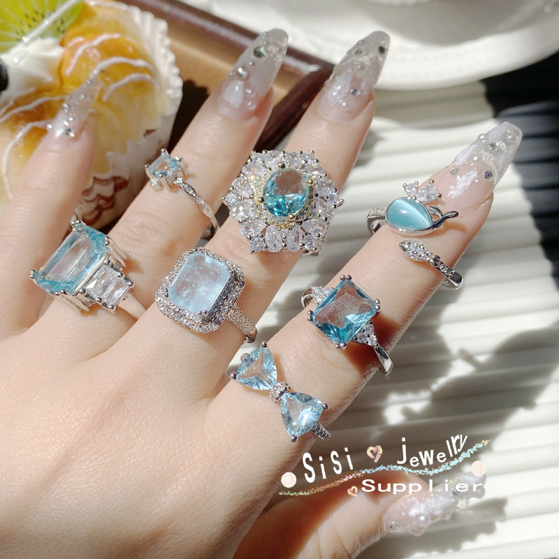 Sisi蓝色妖姬设计款海蓝宝戒指 镀18K金 超仙百搭高级感指环女