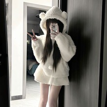 冬季新款软糯奶系套装毛绒绒小熊耳朵连帽保暖a字花边短裙子