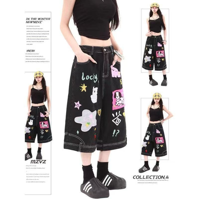 2026 New Trendy Design Cartoon Graffiti Denim Shorts for Women, Retro Loose Fit, Slimming Straight-Leg Capri Pants 2026 New Trendy Design Cartoon Graffiti Denim Shorts for Women, Retro Loose Fit, Slimming Straight-Leg Capri Pants