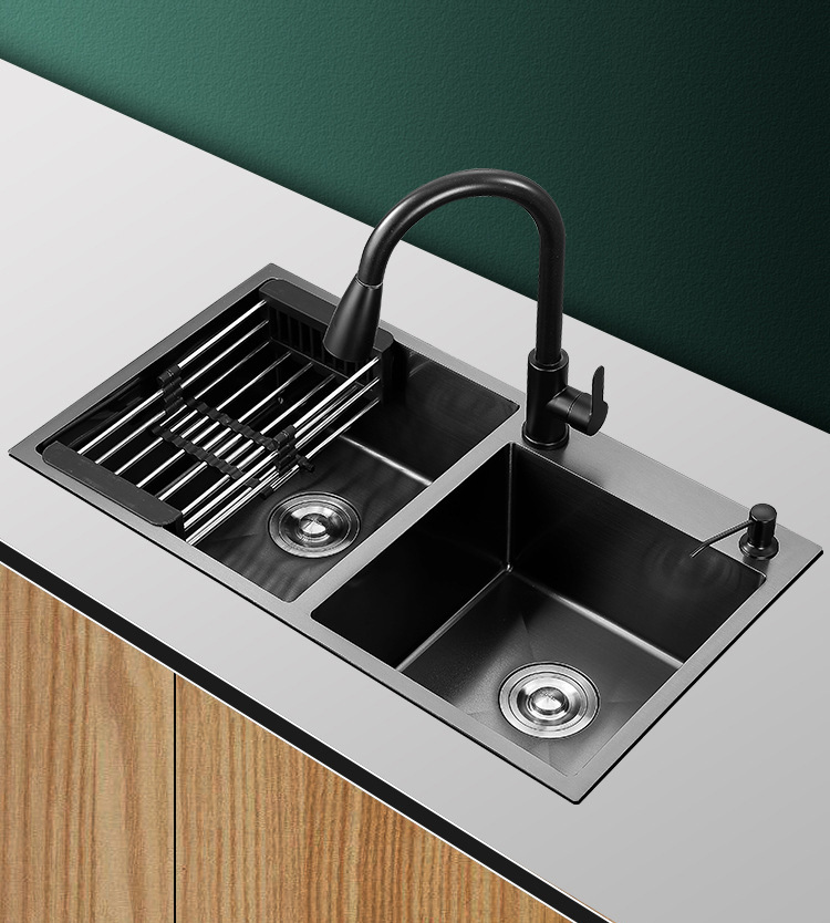 304 Stainless Steel Nano Sink, Double-Bowl Kitchen Basin, Black, Large Household Dishwashing Sink—Undermount Installation, Other Features