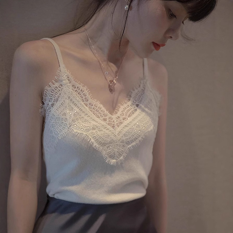 2025 New Summer Lace Knitted Camisole Women's Outer Wear Slim Sleeveless V Neck Top with Bottoming Shirt