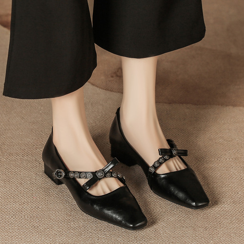 H8563-9 single-layer shoes, women's bow and buckle, thick heels, Mary Jane commuting temperament, women's shoes, square head, retro