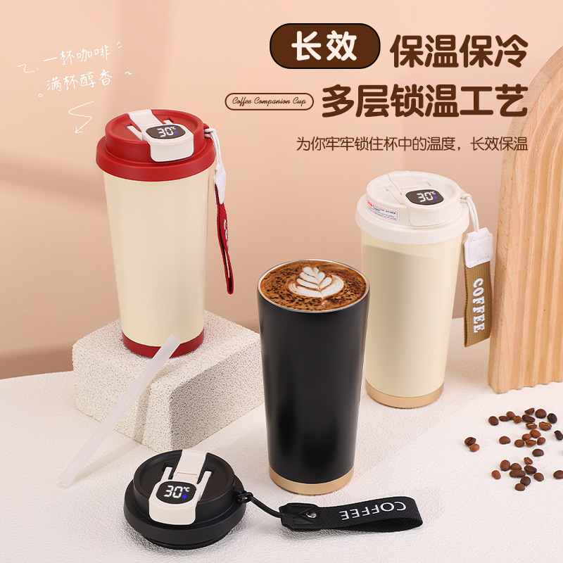 Taza de café inteligente de doble bebida de alto valor 316 taza de acero inoxidable taza de aislamiento térmico taza de cuerda portátil al aire libre taza de agua de color sólido