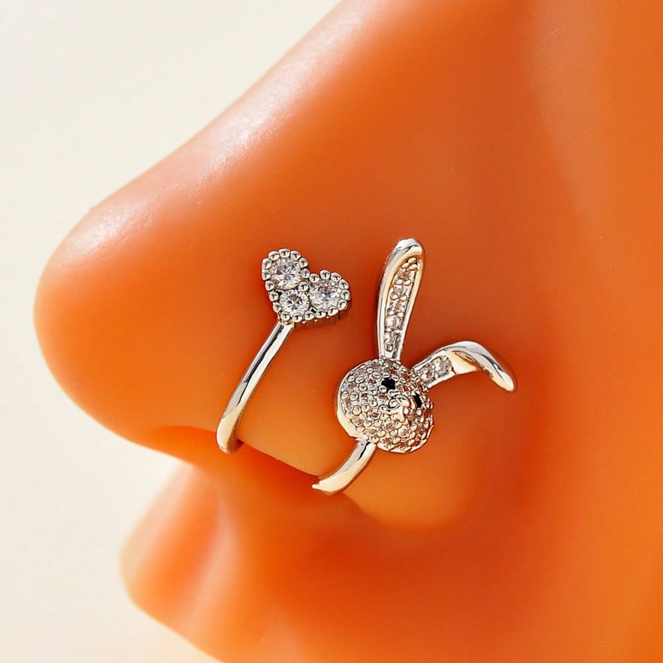 Diamond Studded Heart Rabbit Nose Ring Set Fashion Jewelry_voghion.com