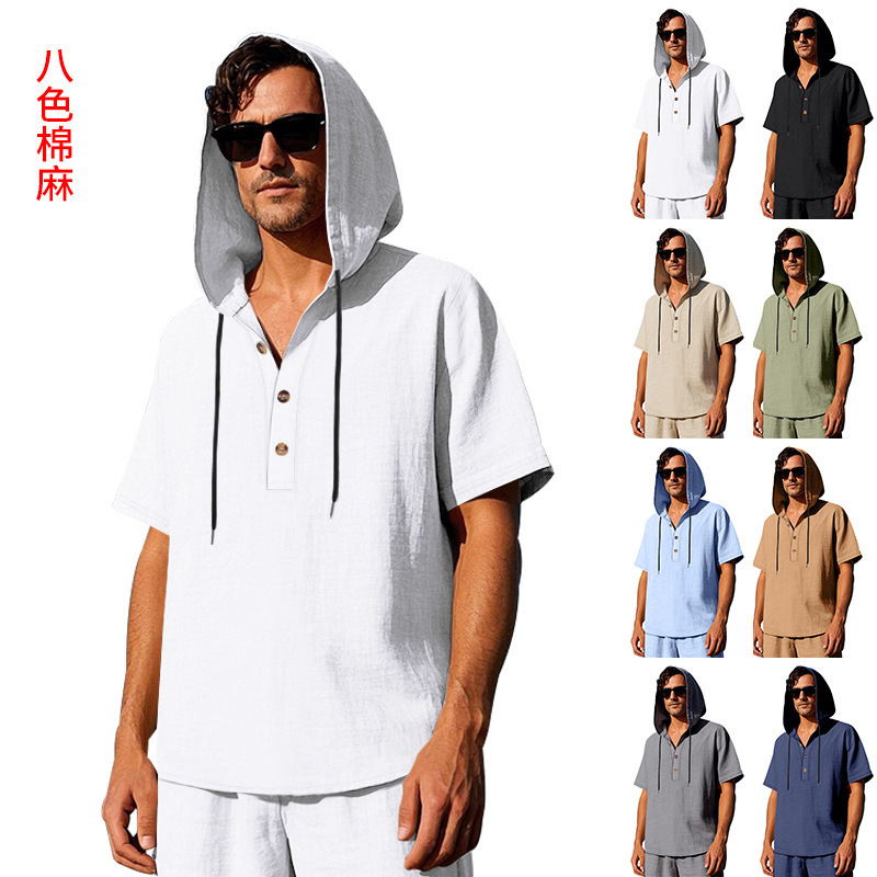 Cross-border European and American Linen Short-sleeved Men's T-shirt Simple Loose Casual Trendy Buckle Beach Hooded Henry Short-sleeved Shirt