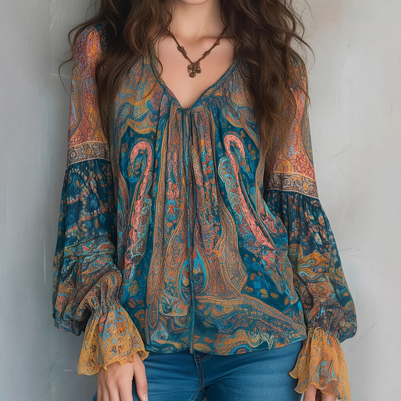New Stylish Bohemian Teal and Amber Paisley Chiffon Shirt with Ruffled Sleeves New Stylish Bohemian Teal and Amber Paisley Chiffon Shirt with Ruffled Sleeves