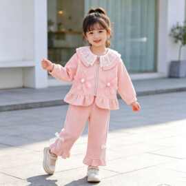 2026韩系女宝宝秋冬套装婴幼儿蕾丝翻领开衫外套中小童加绒两件套