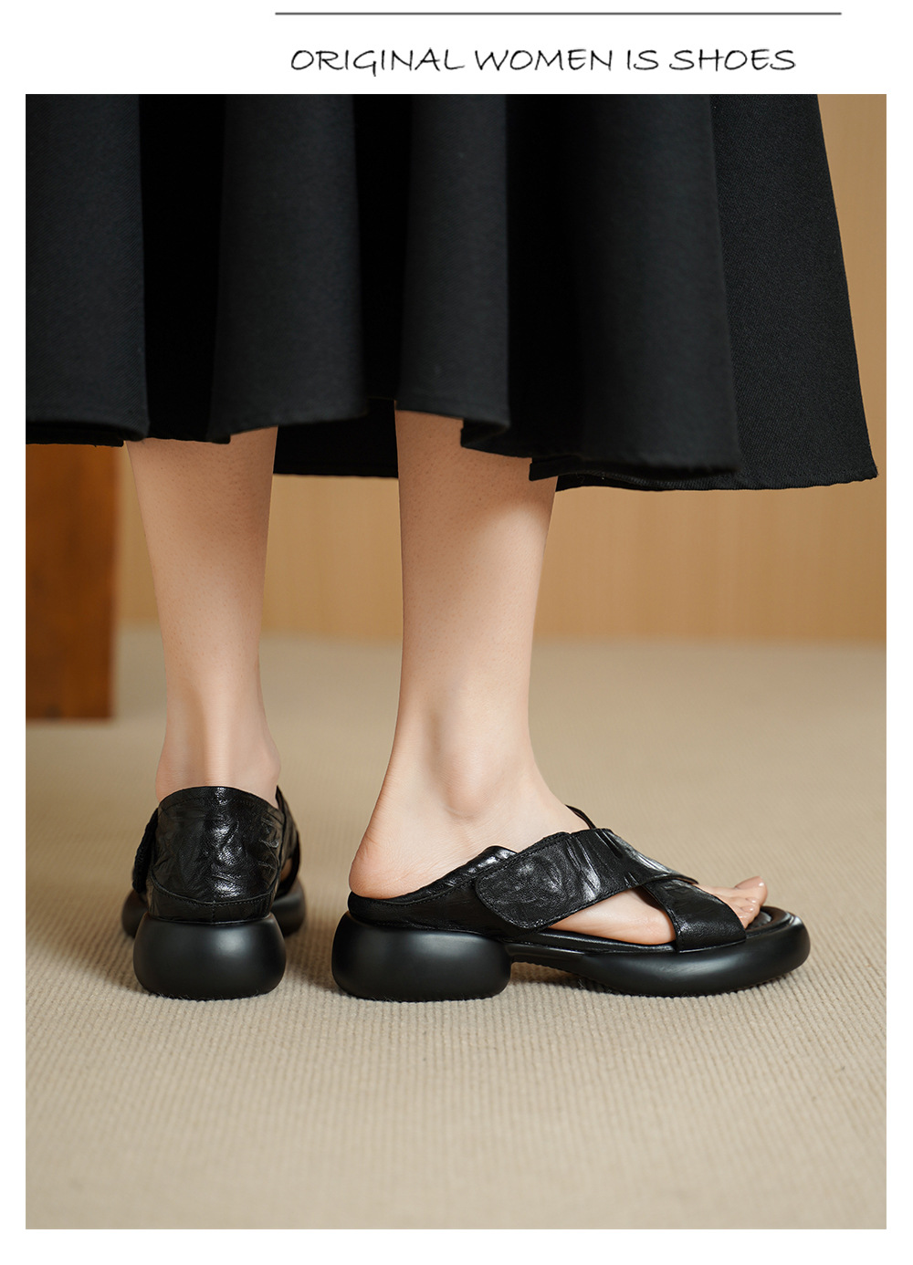 Sandal nữ hở mũi đế dày 4 cm da cừu quai chéo bọc gót — màu nâu chi tiết 14