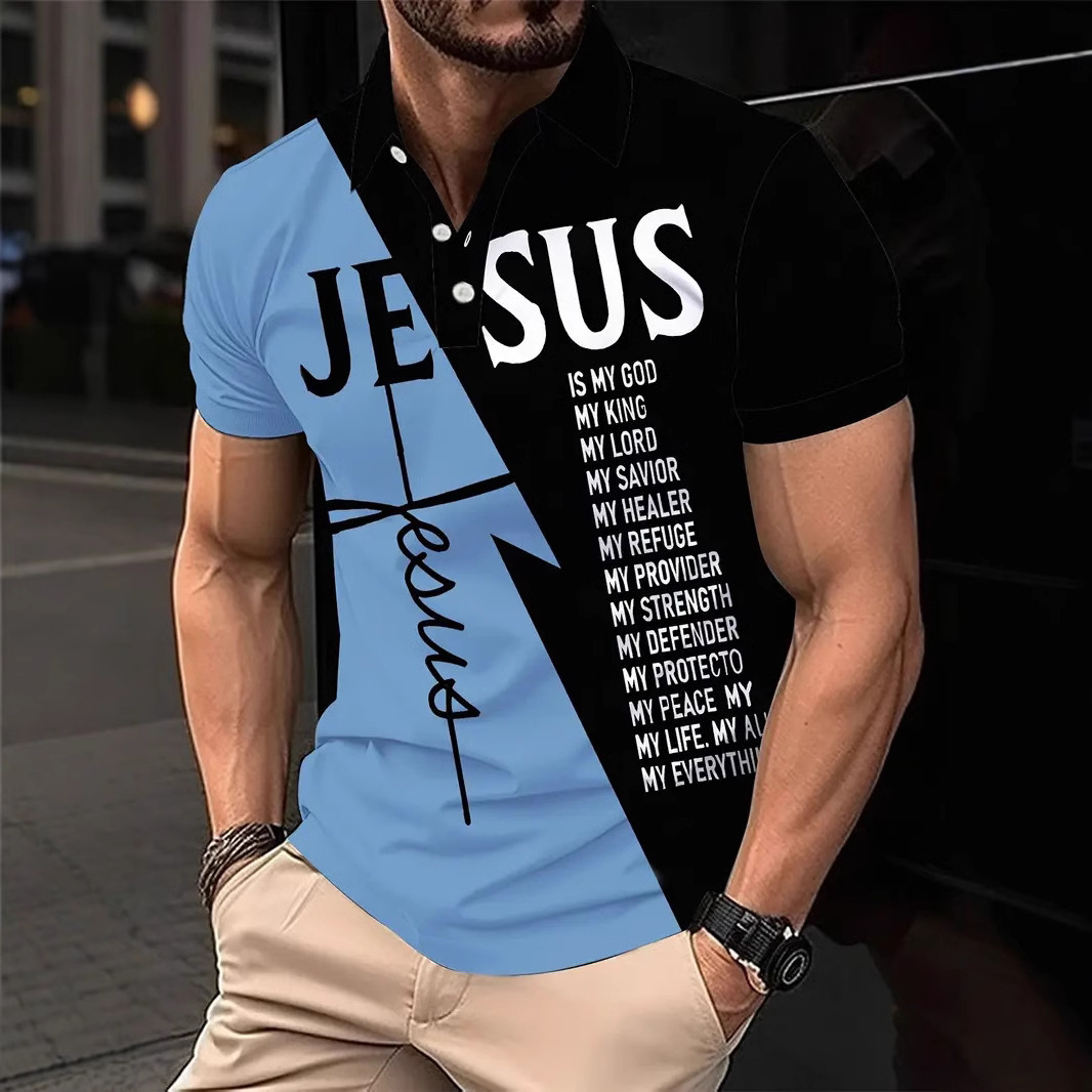 Hombre europeo y americano casual transfronterizo delgado hombre letras a juego de colores impresión digital solapa de manga corta poloMB13