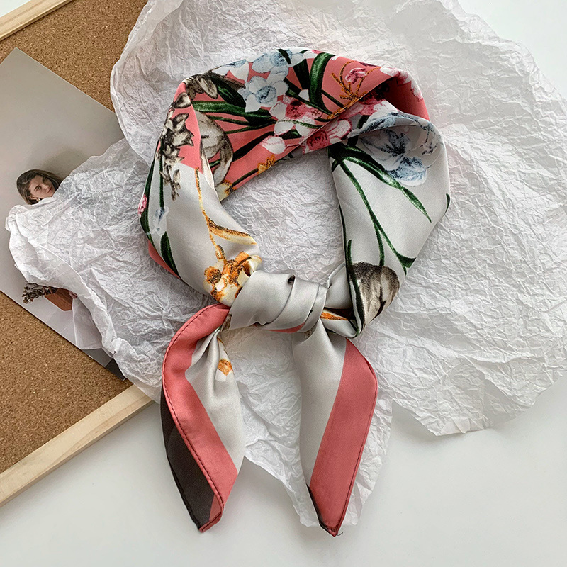 Bufanda de seda, bufanda cuadrada pequeña, sensación premium, nuevo estilo coreano, chal de seda de imitación dulce y fresco, bolso de flores, pañuelo en la cabeza, cinturón para el cabello