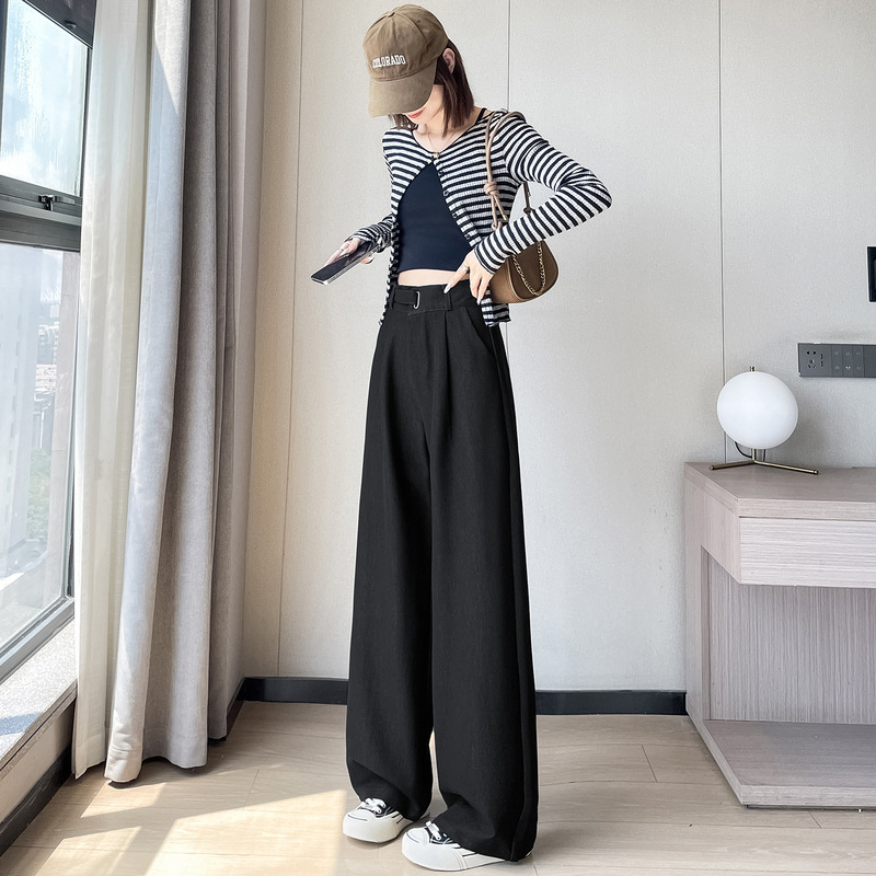 深蓝色竹节软牛仔裤女2025秋季新款高腰直筒垂感宽松阔腿裤拖地裤|undefined