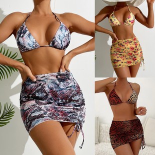 Aliexpress Sexy Leopard Print Swimsuit Three-Piece European and American Drawstring Bikini Mesh Split System Strap Three-Point Swimsuit