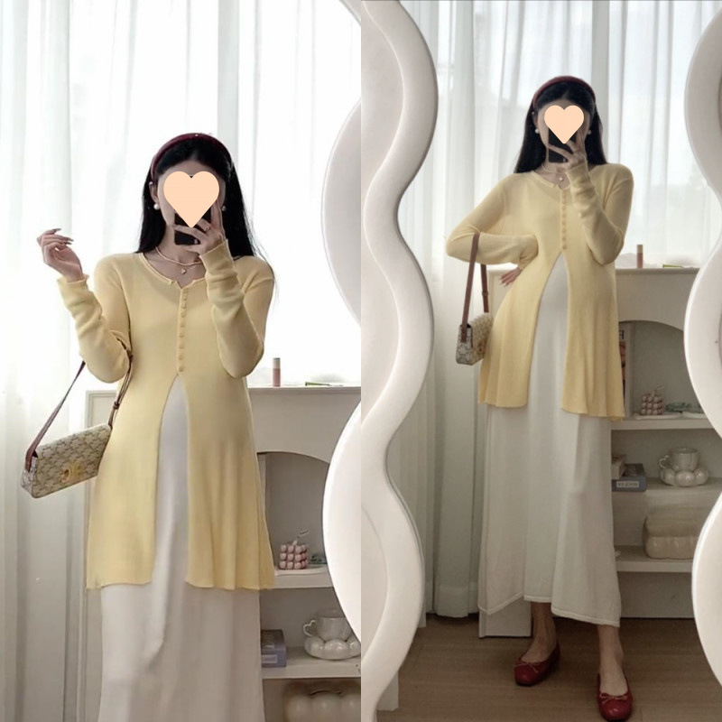 임산부복 여름 신상 긴팔 디자인 상의 중간 길이 솔리드 컬러 칼라 서스펜더 스커트 캐주얼 투피스 수트