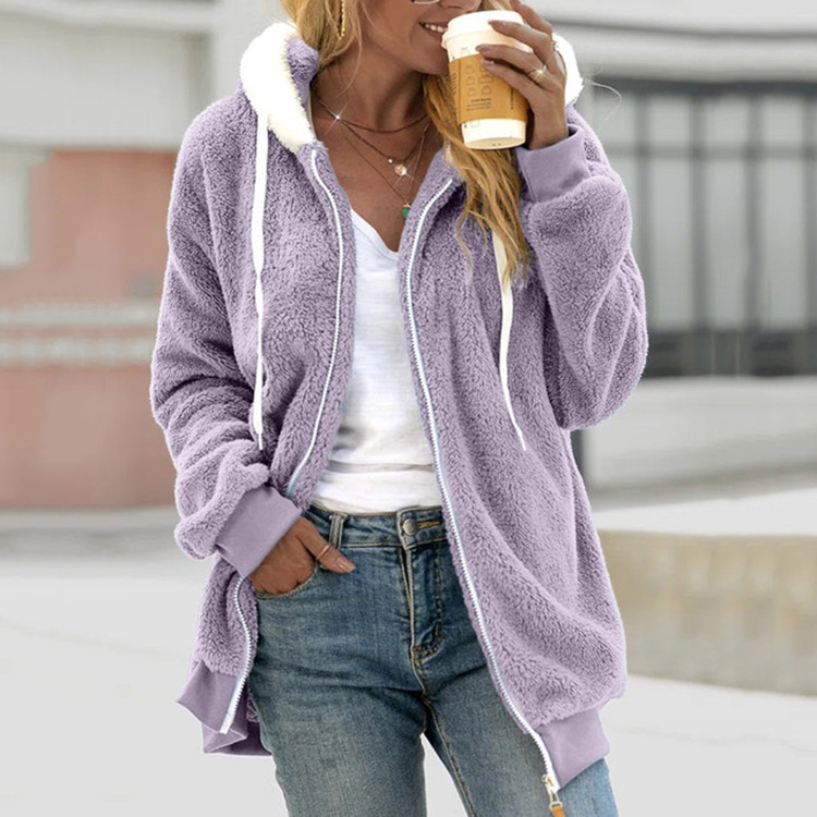 Dameskleding jas herfst en winter hot sale eenvoudig losse pluche rits capuchon jas dames nieuwe stijl_voghion.com
