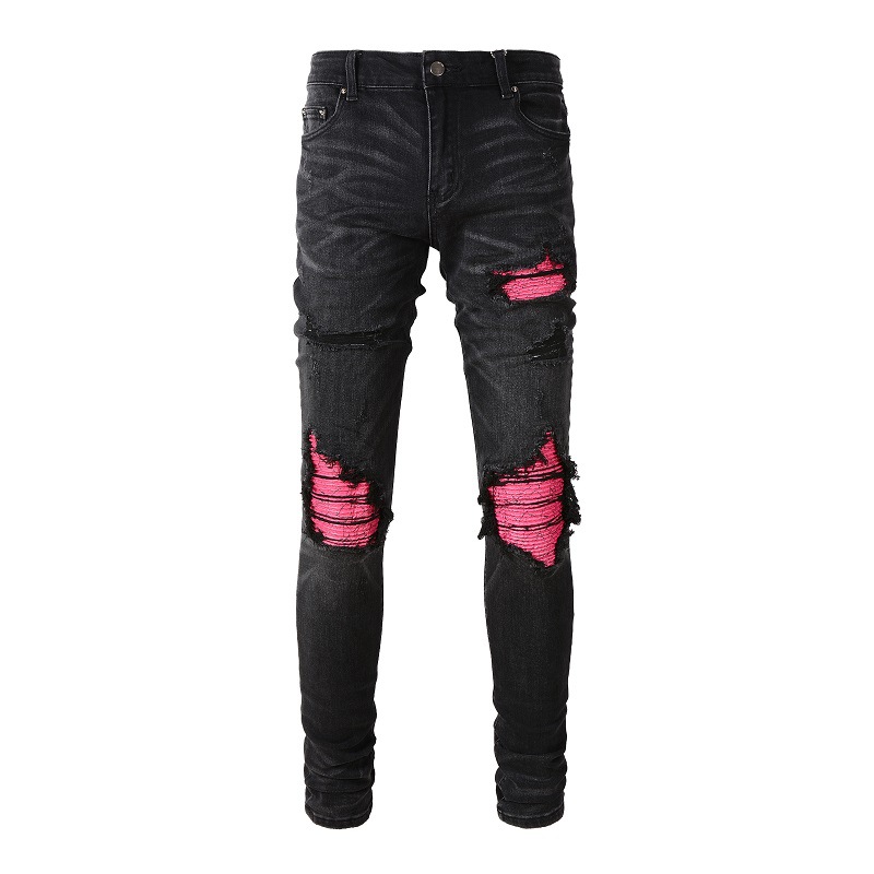 Herrenbekleidung Marke bunte elastische heiße Diamant zerrissene Jeans Männer High Street Slim Fit Röhrenjeans_voghion.com