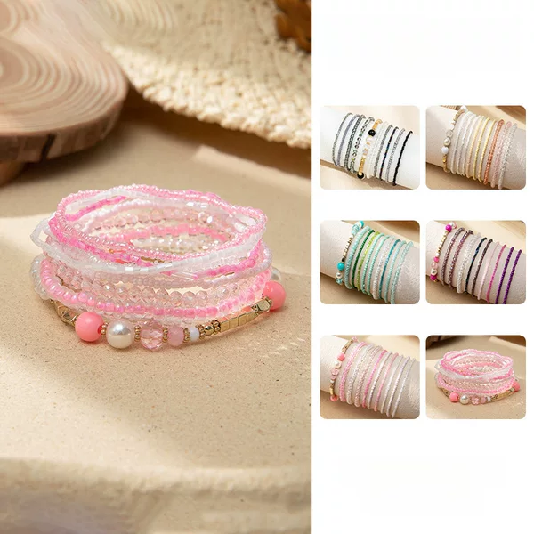 Bohemian Vacation Style Stacked Bracelets for Women, Ins-Style Design, Glass Seed Bead Elastic Bracelets, Trendy Cross-Border Supply