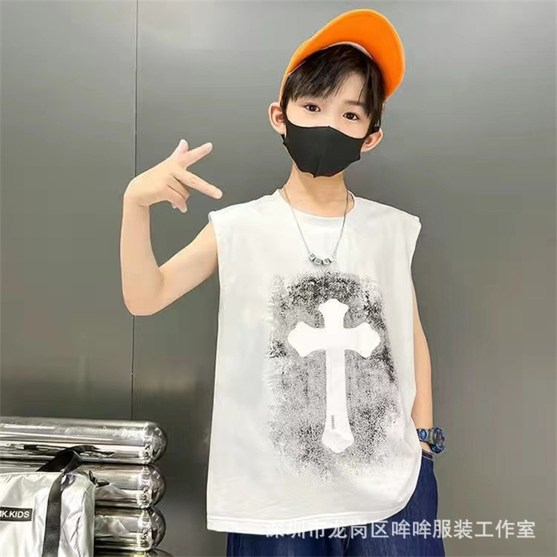 Verano 100% algodón chaleco sin mangas para niños 2023 Verano nuevos niños medianos y grandes dibujos animados chaleco impreso camiseta